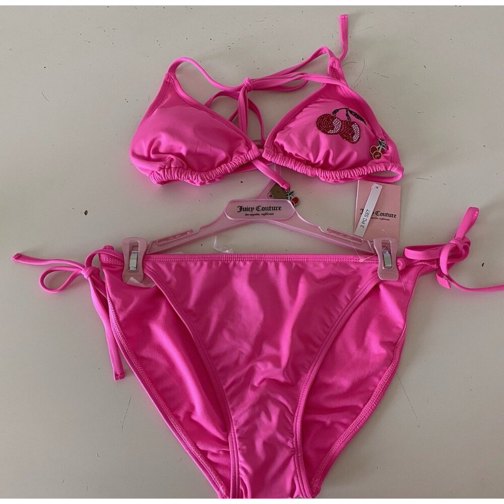 Juicy Couture Cherry Rhinestone Bikini Set Ladies Women’s Sz‎ L Pink Mage NEW